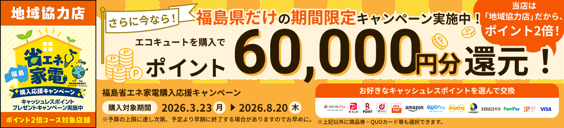 福島省エネ家電購入応援キャンペーンでポイント60,000円分還元！